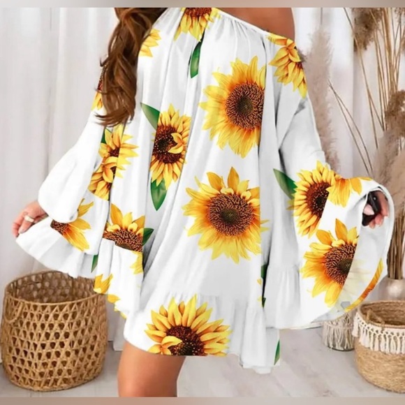 Sunflower Print Bell Sleeve Ruffle Hem Swing Dress - Picture 3 of 5